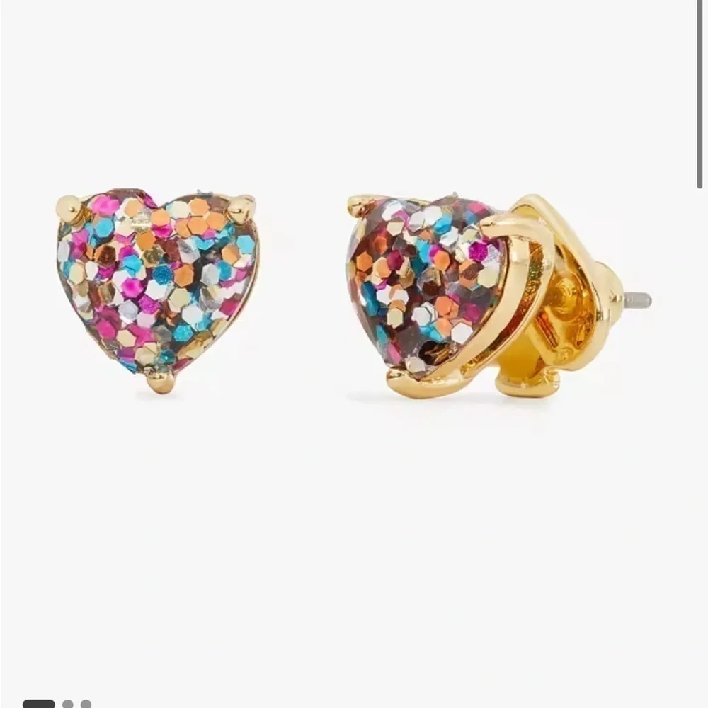 Kate Spade Multi-Glitter Heart Gold Hoops and Studs Matching 2 Hole Earrings Set